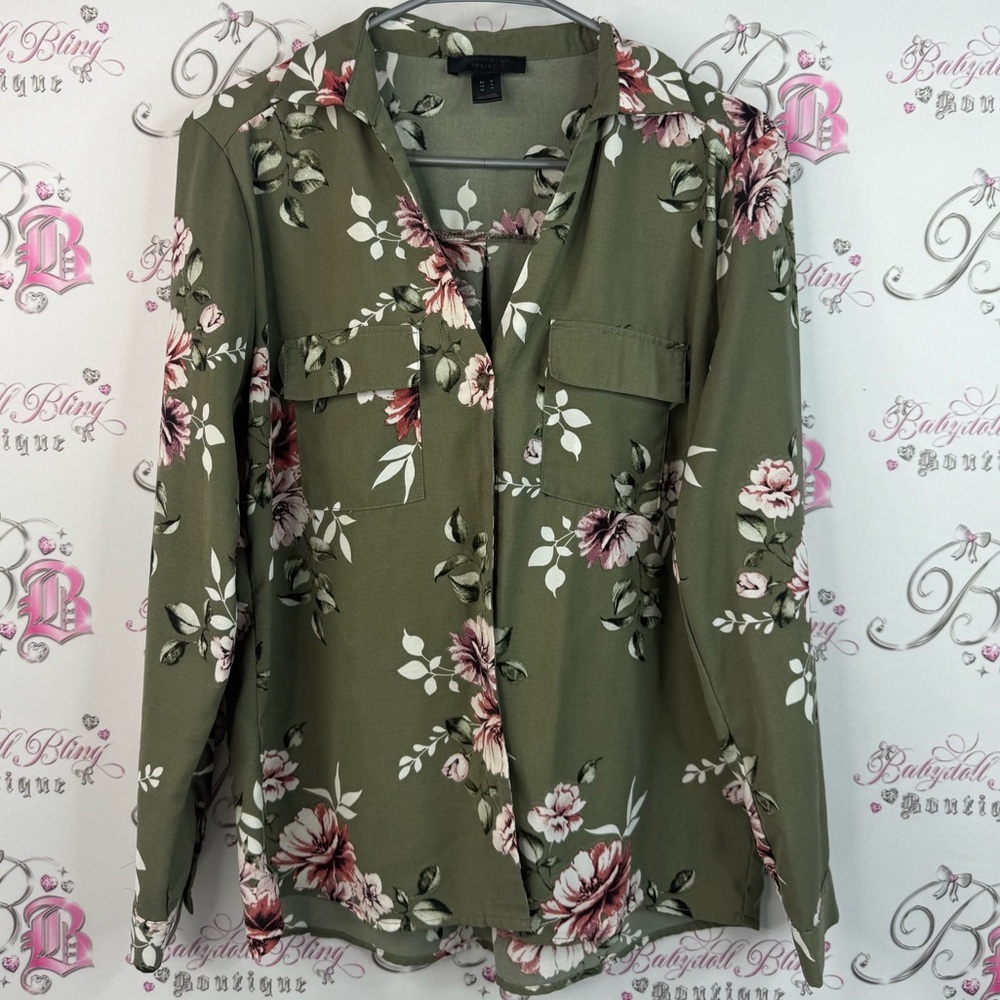 Streetwear Society long sleeve green flowers Olive Floral Button Down Shirt